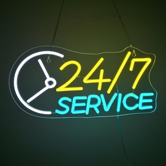 New Open Neon Sign – 24/7 Service LED Wall Decor Light USB Powered Neon Sign